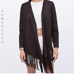 Zara Faux Suede Fringe Black Cardigan Size Medium